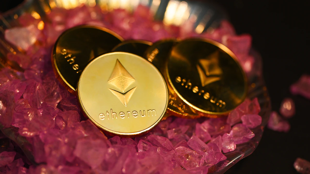 Two gold cryptocurrency coins resting on pink crystals, illustrating Arthur Hayes selling his Maelstrom crypto holdings
