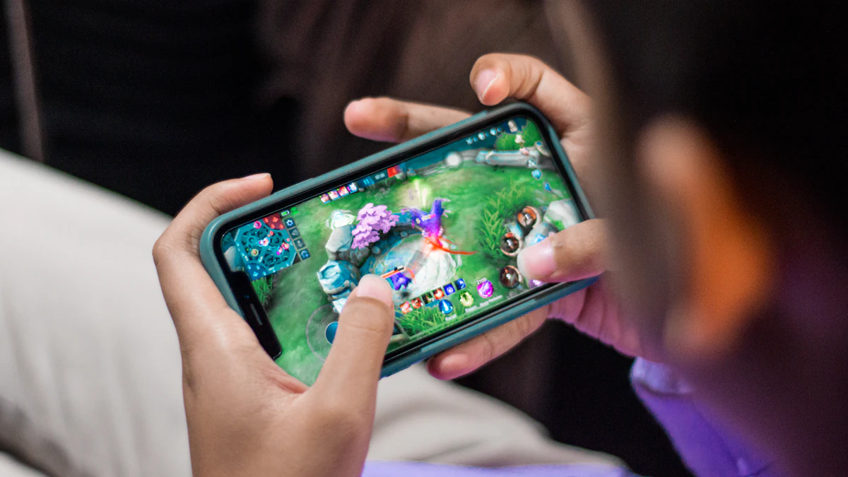 Mobile gamer holding a phone sideways with a game on screen, the kind of session a gaming phone is built for