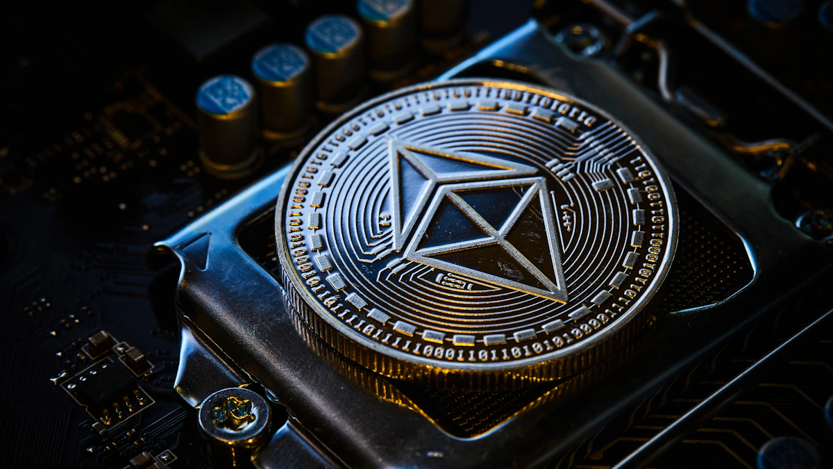 Close up of a crypto coin stamped with a symbol on a computer chip, echoing funds still stuck in Blast's Ethereum bridge