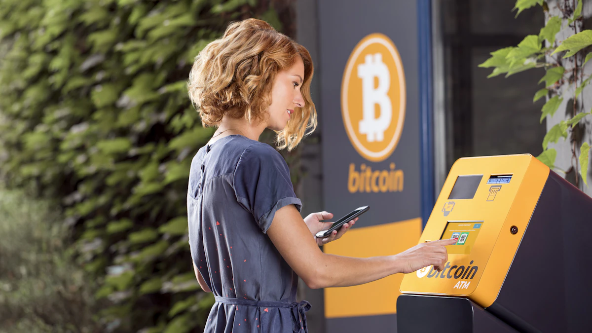 Woman holding a smartphone in front of a bitcoin ATM, a common place people buy bitcoin with cash