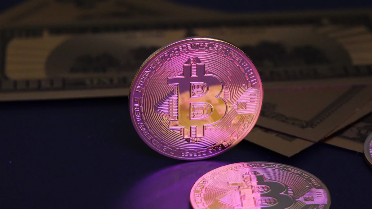 Bitcoin coin resting on US dollar bills, showing crypto being converted into cash for a bank account