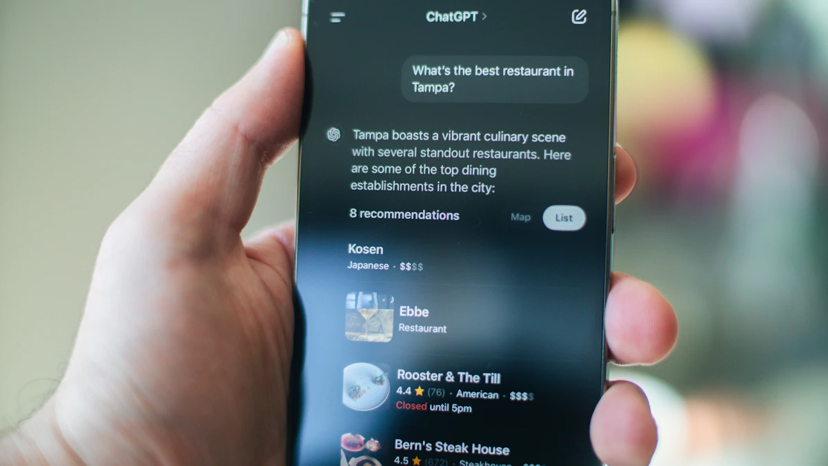 Hand holding a smartphone using ChatGPT to find a restaurant, a chat where saved memory can recall your food preferences
