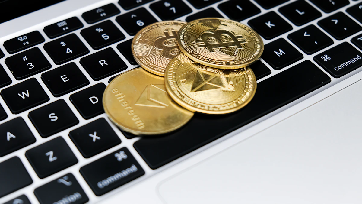 Gold bitcoin coins resting on a computer keyboard, a reminder of desktop wallets like Electrum that need the 4.8.3 fix