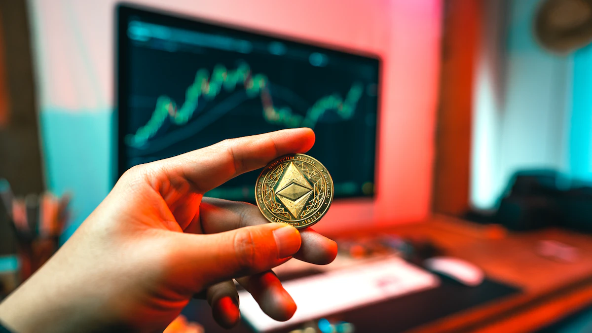 Person holding a gold cryptocurrency coin in front of a computer screen, as Ethereum ETF outflows weigh on ETH