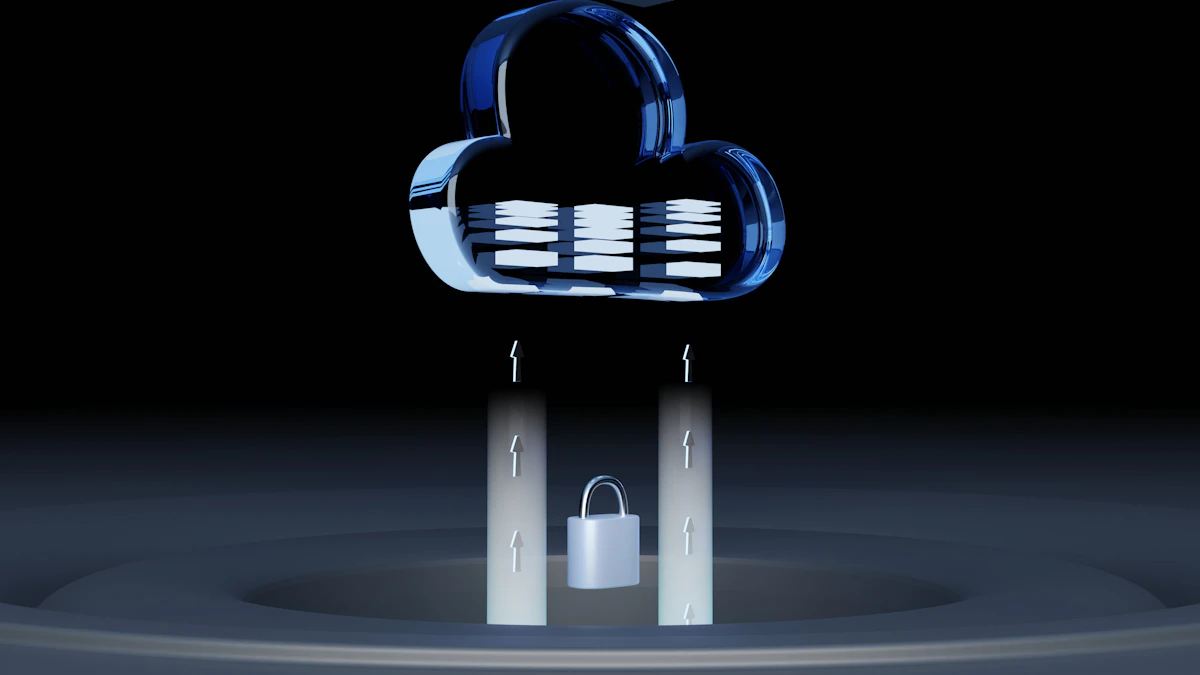 Silver padlock beneath a blue glass cloud icon with data layers, illustrating Fortinet's network security business