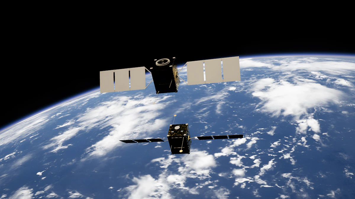 Two solar paneled satellites orbiting above blue Earth, like the Google Suncatcher prototype now testing a TPU