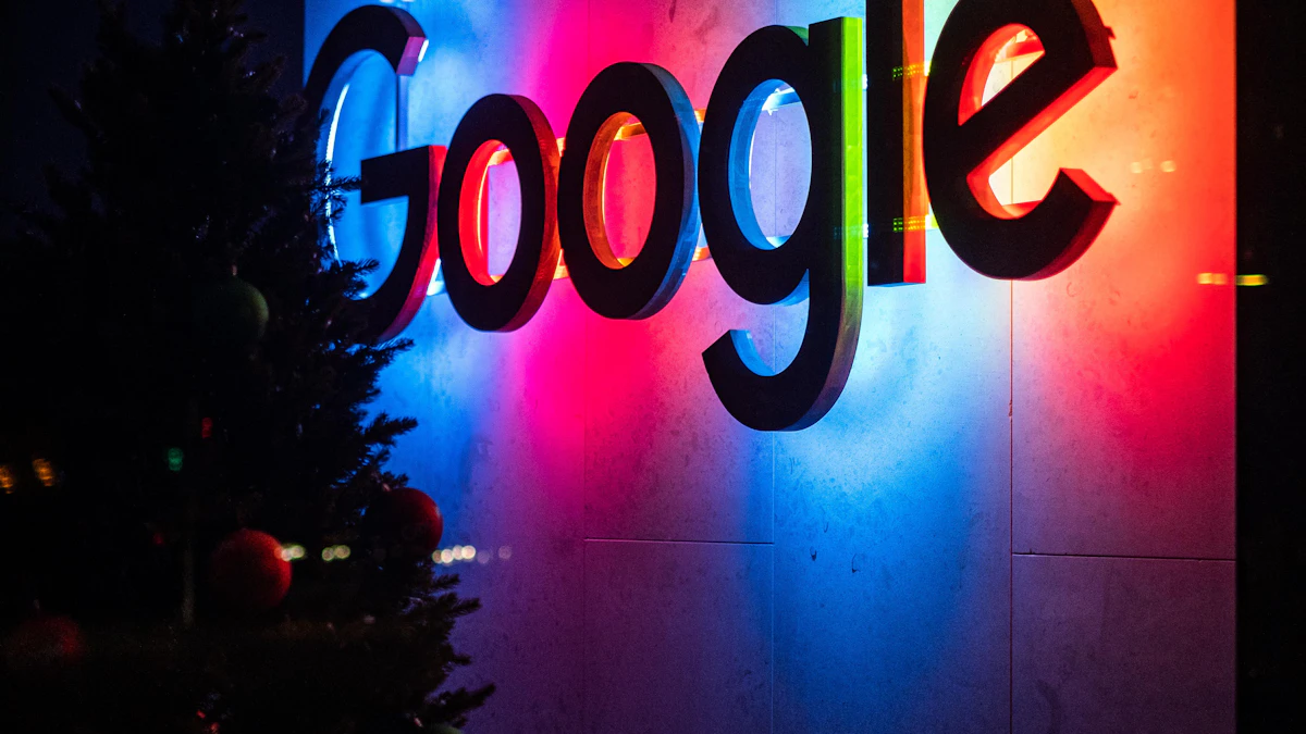 Illuminated Google logo glowing on a building at night, as Google moves into crypto custody for banks