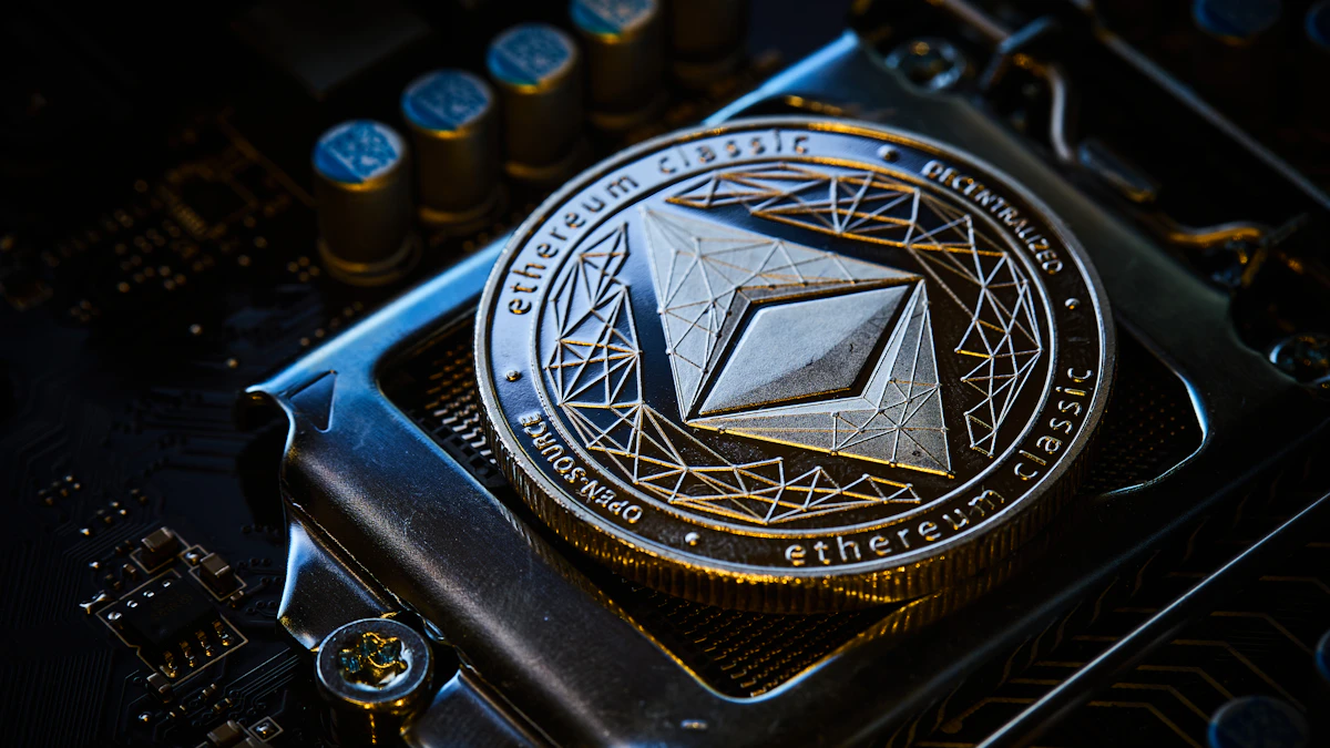 Close view of a metal crypto coin resting on a computer motherboard, a fitting scene for buying Ethereum online