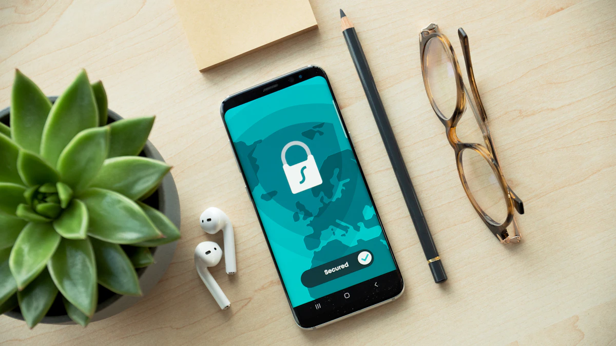 Smartphone showing a security lock icon on a wooden desk, a reminder to check your phone for signs of hacking