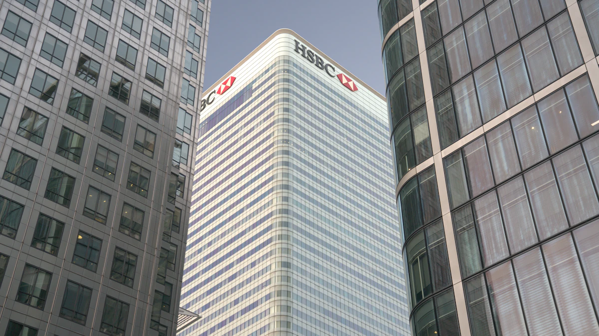 HSBC skyscraper rising among modern office towers under a clear sky, the bank behind the new RedCoin stablecoin