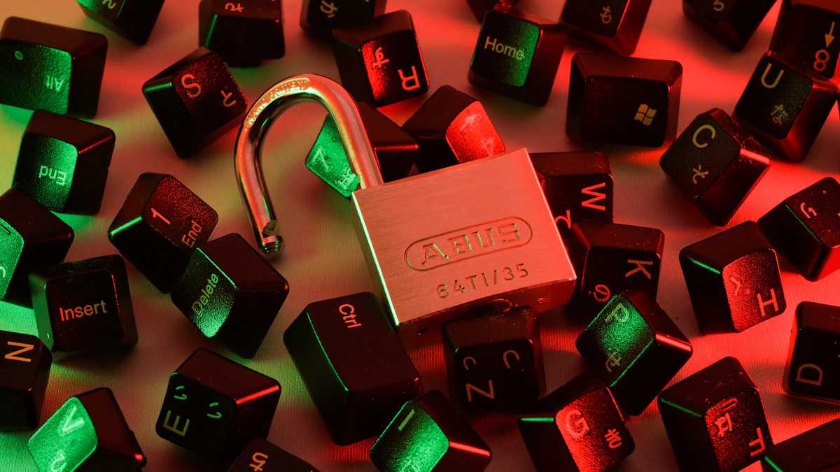 Open padlock among scattered black keyboard keys under red and green light, evoking a coding agent tricked into malware