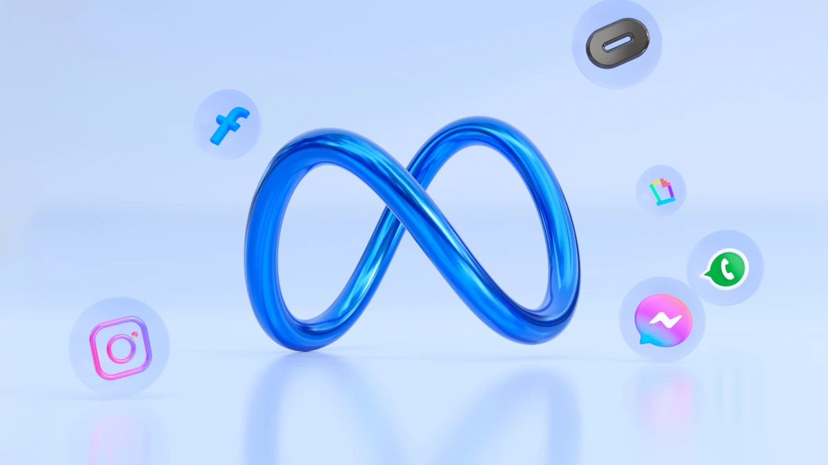 Metallic blue infinity symbol ringed by tech icons, echoing Meta's logo as it plans a $95 billion stock sale