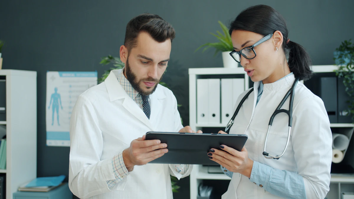 Two doctors reviewing a tablet together, like the clinicians Microsoft compared with its MAI-DxO diagnosis AI