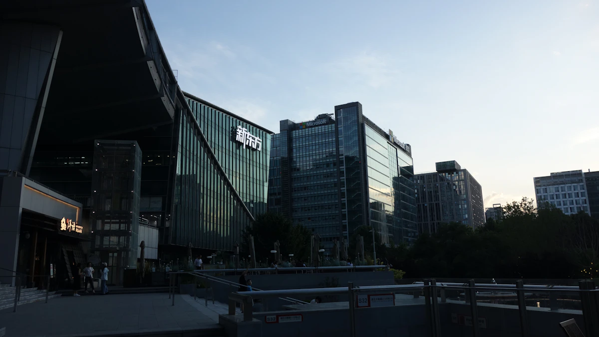 Glass office towers with corporate signage under a clear blue sky, a backdrop for Microsoft OpenAI revenue news