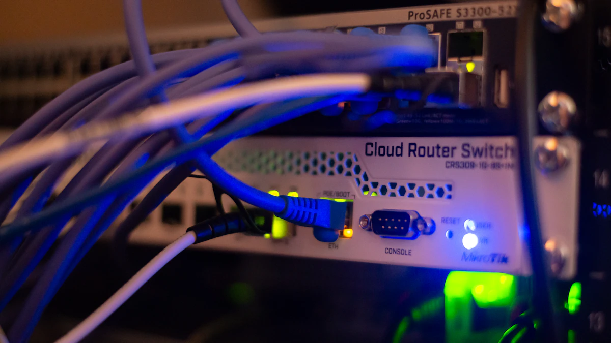 Close view of network cables plugged into hardware, echoing OpenAI's move to cut AI training off from the internet
