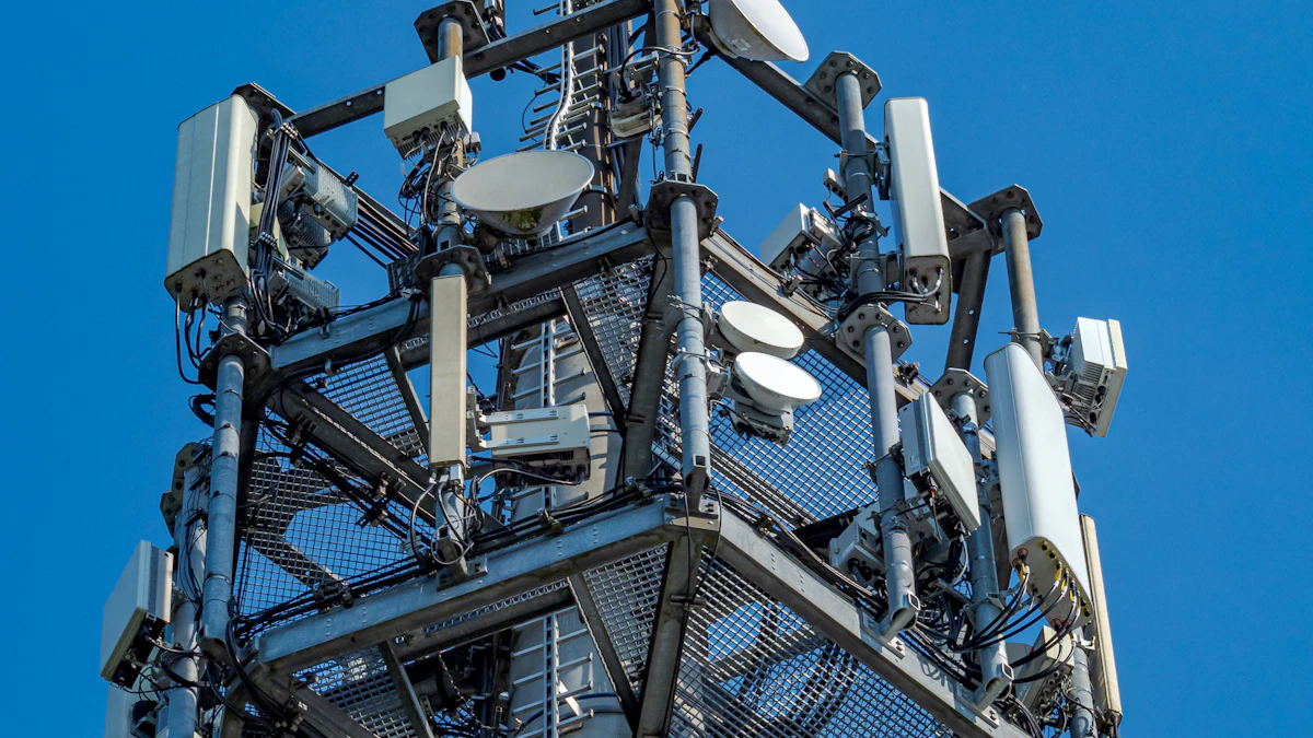 Telecom tower packed with cellular antennas against a blue sky, the kind of site SpaceX wants for its mobile network