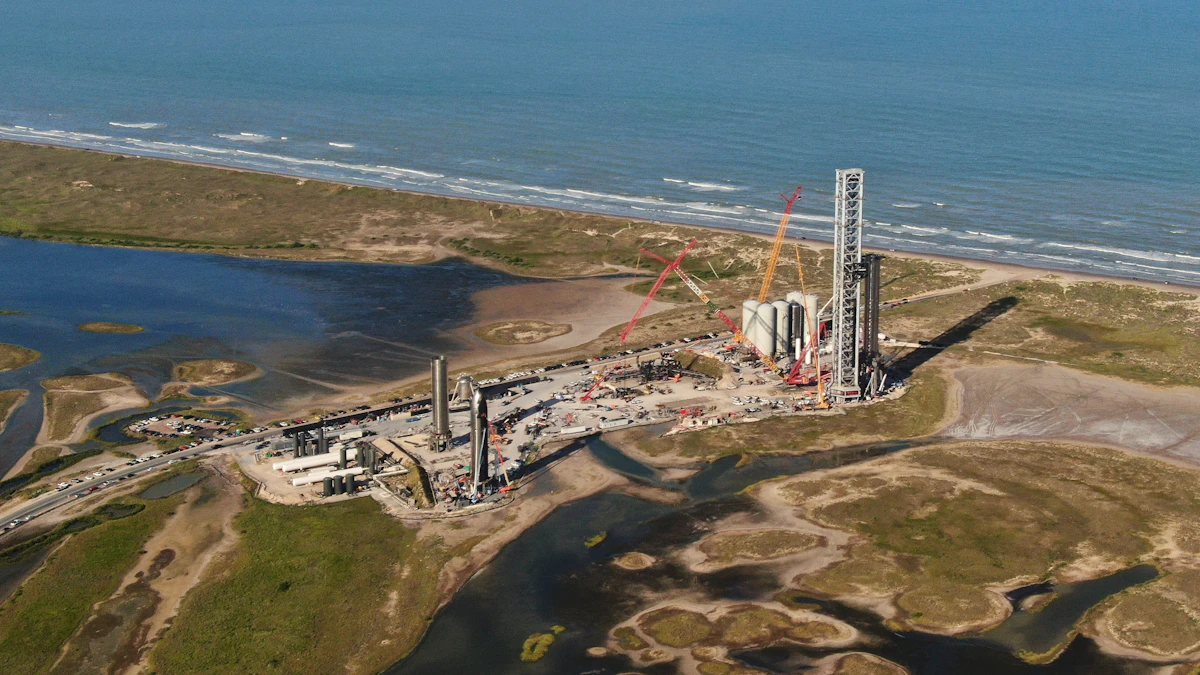 SpaceX Starbase launch site with rockets and cranes, as the company leases $40 billion of Nvidia GPUs for AI compute