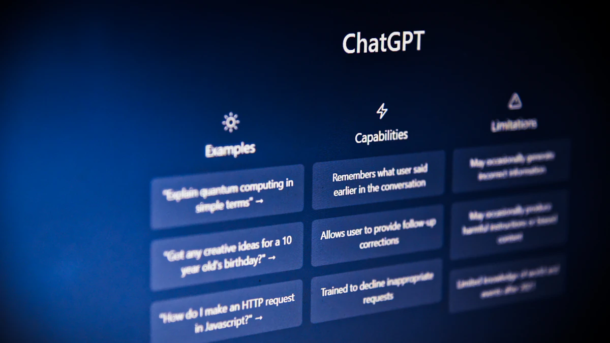 ChatGPT start screen listing example prompts, capabilities and limitations on a dark blue computer display
